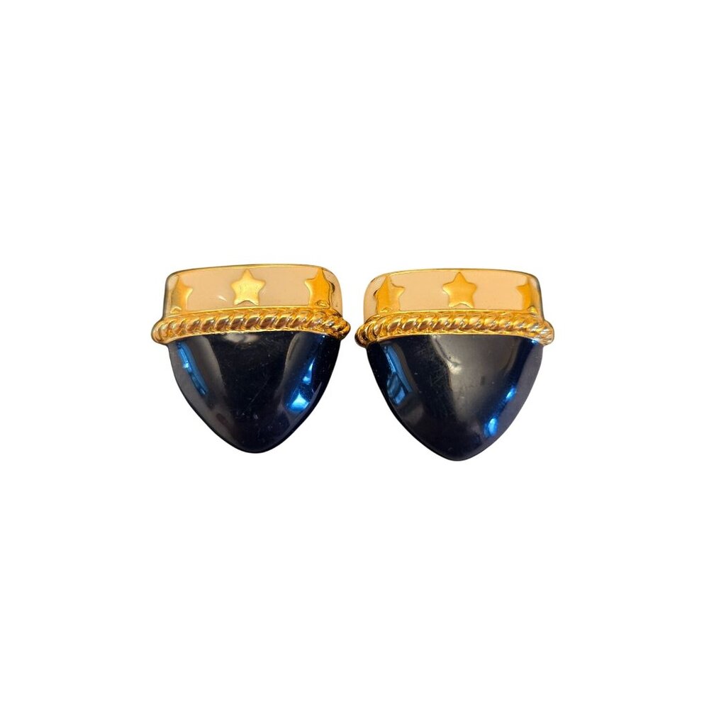Vintage Monet Navy Blue‎  Enamel Clip-On Earrings With Star Accents Gold Tone